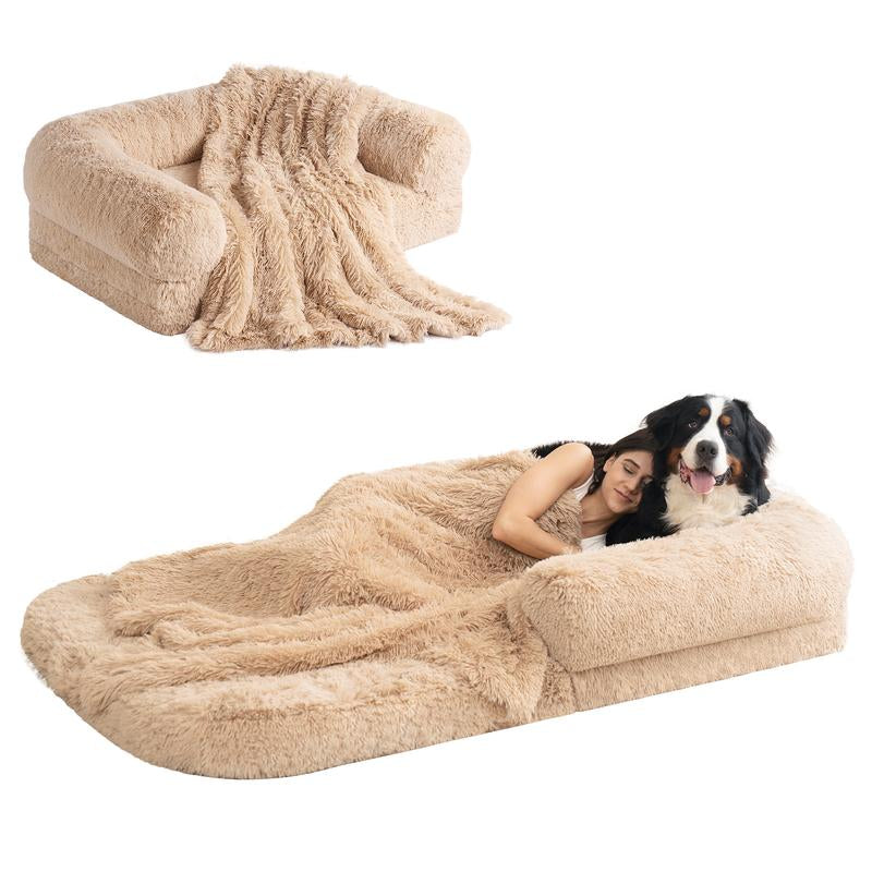 EHEYCIGA Foldable Human Dog Bed for Adult, Orthopedic Memory Foam Dog Bed for Humans, Waterproof Human Dog Bed for People, Faux Fur Human Sized Dog Bed