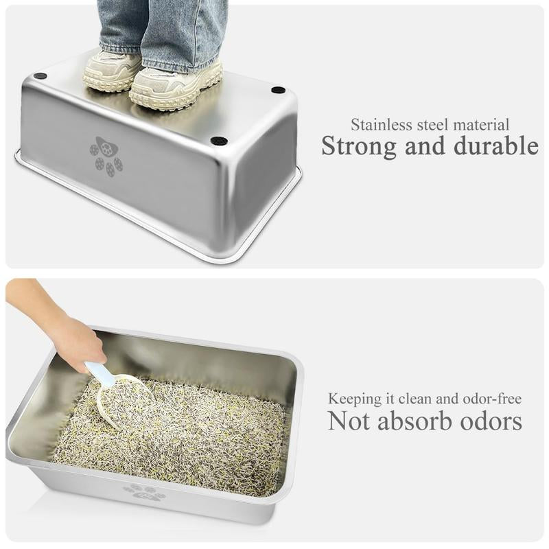 PTLOM Stainless Steel Cat Litter Box High Side, No Lid Large Space, Suitable for Big Cats, Rabbits, Splash-Proof Non-Stick Cat Pet Supplies Paws
