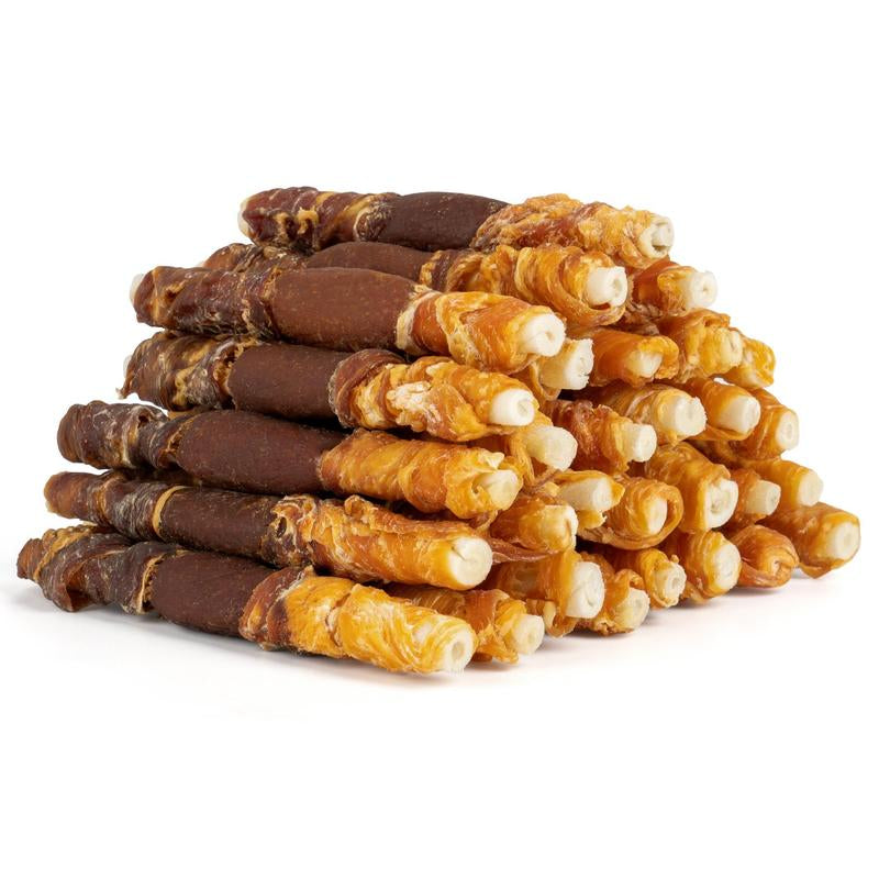 MON2SUN Triple Flavor Rawhide Dog Treats, 5 Inch Chicken Liver Duck and Chicken Wrapped Rawhide Snacks -Healthy and Delicious Treats
