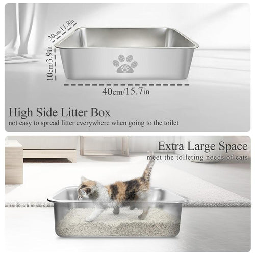 PTLOM Stainless Steel Cat Litter Box High Side, No Lid Large Space, Suitable for Big Cats, Rabbits, Splash-Proof Non-Stick Cat Pet Supplies Paws