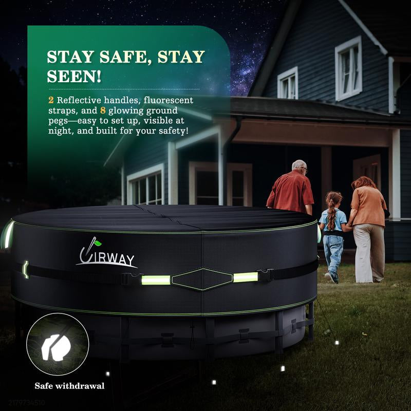 UIRWAY round Pool Cover with Reflective Strips, Swimming Pool Cover for above Ground Pools, Solar Cover Including Rope Tie and Luminous Ground Nails, PU Tarp Snug Fit for UV Protected