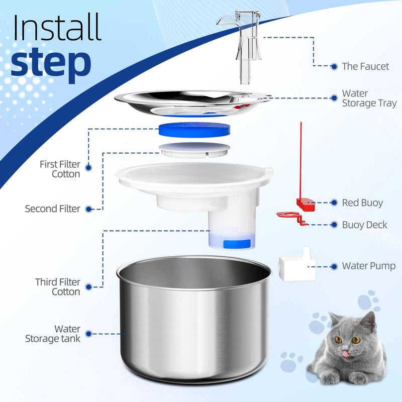 Cat Water Fountain, Stainless Steel inside Ultra-Quiet Pump, 2L/67Oz Automatic Dog Dispenser Water Bowl, Multiple Pets Water Fountain