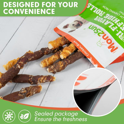 MON2SUN Triple Flavor Rawhide Dog Treats, 5 Inch Chicken Liver Duck and Chicken Wrapped Rawhide Snacks -Healthy and Delicious Treats