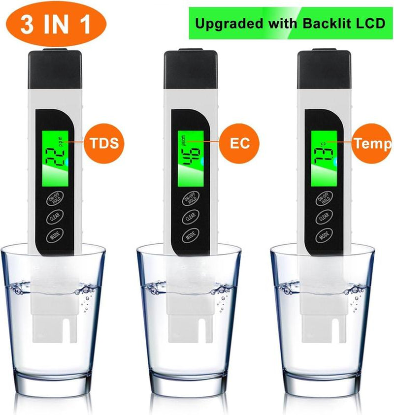 Water Quality Tester, Accurate and Reliable, TDS Meter, EC Meter & Temperature Meter 3 in 1, 0-9990Ppm, Ideal Water Test Meter for Drinking Water, Aquariums, Etc.