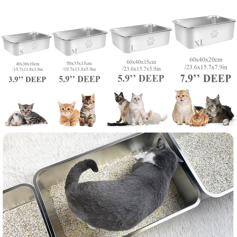 PTLOM Stainless Steel Cat Litter Box High Side, No Lid Large Space, Suitable for Big Cats, Rabbits, Splash-Proof Non-Stick Cat Pet Supplies Paws