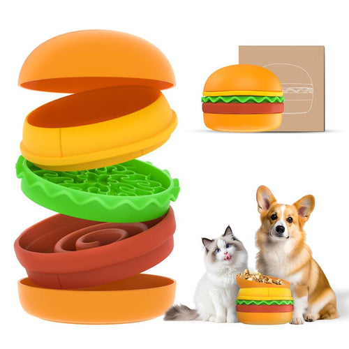 5-In-1 Pet Bowls Set - Tilted Bowl, Elevated Bowl, Slow Feeder, Lick Mat, Non-Slip Bowl for Dog & Cat, Burger Design, Healthy Material, Pet Gift