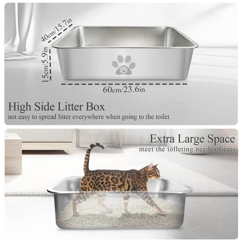 PTLOM Stainless Steel Cat Litter Box High Side, No Lid Large Space, Suitable for Big Cats, Rabbits, Splash-Proof Non-Stick Cat Pet Supplies Paws