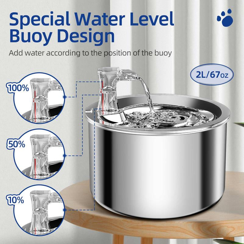 Cat Water Fountain, Stainless Steel inside Ultra-Quiet Pump, 2L/67Oz Automatic Dog Dispenser Water Bowl, Multiple Pets Water Fountain