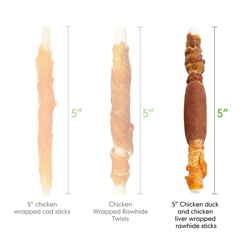 MON2SUN Triple Flavor Rawhide Dog Treats, 5 Inch Chicken Liver Duck and Chicken Wrapped Rawhide Snacks -Healthy and Delicious Treats