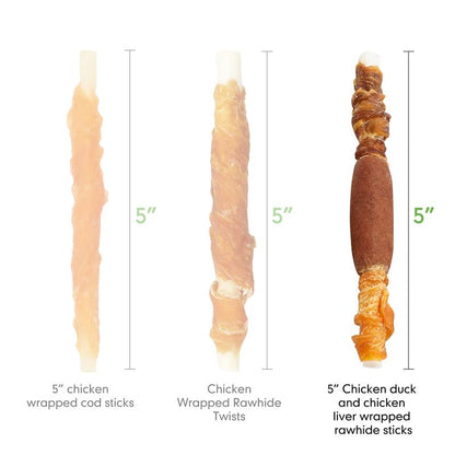 MON2SUN Triple Flavor Rawhide Dog Treats, 5 Inch Chicken Liver Duck and Chicken Wrapped Rawhide Snacks -Healthy and Delicious Treats