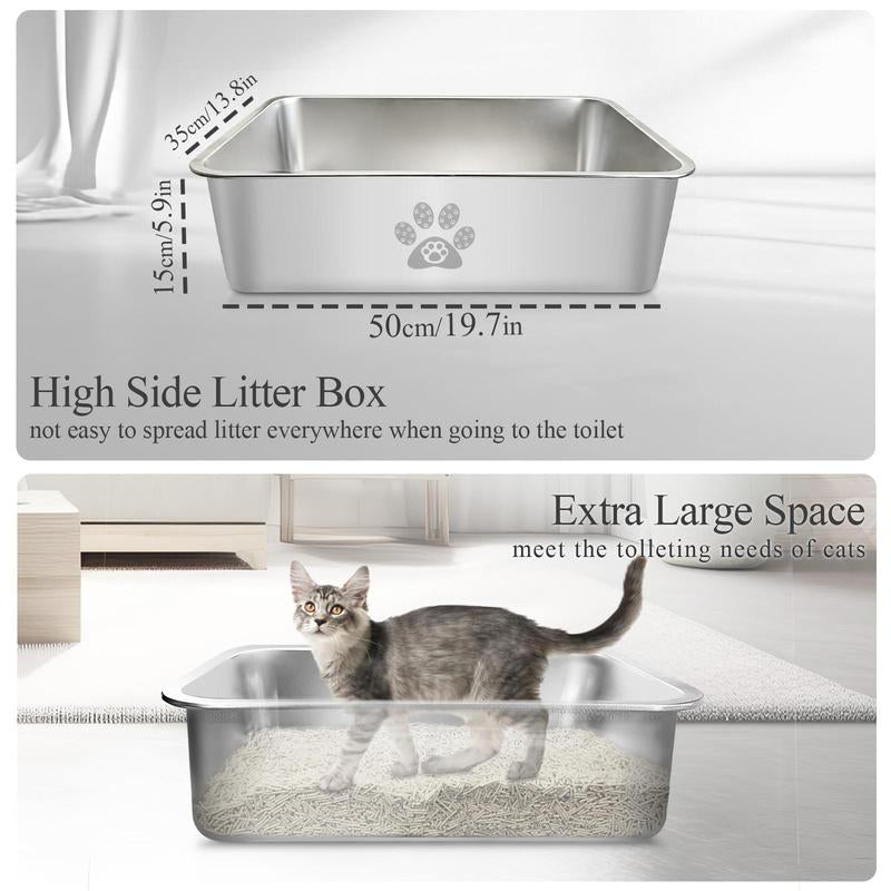 PTLOM Stainless Steel Cat Litter Box High Side, No Lid Large Space, Suitable for Big Cats, Rabbits, Splash-Proof Non-Stick Cat Pet Supplies Paws