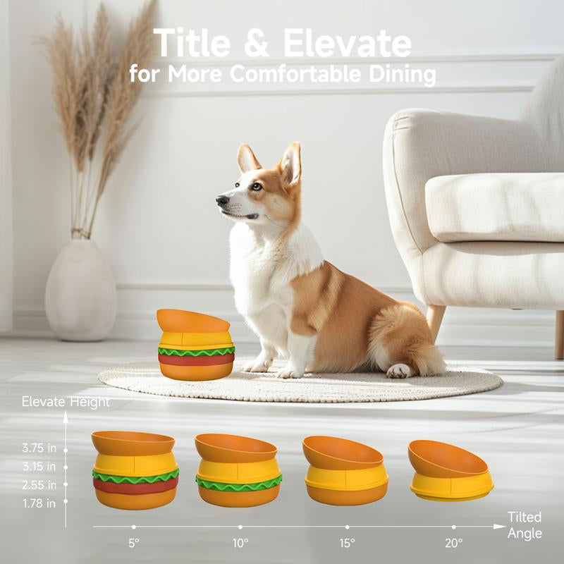 5-In-1 Pet Bowls Set - Tilted Bowl, Elevated Bowl, Slow Feeder, Lick Mat, Non-Slip Bowl for Dog & Cat, Burger Design, Healthy Material, Pet Gift
