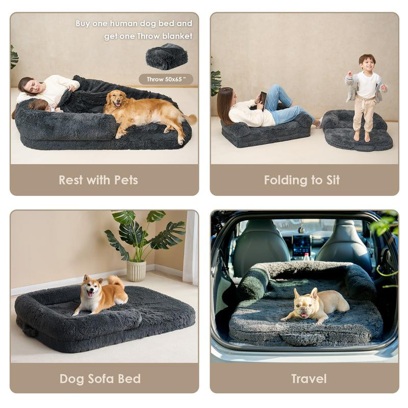 EHEYCIGA Foldable Human Dog Bed for Adult, Orthopedic Memory Foam Dog Bed for Humans, Waterproof Human Dog Bed for People, Faux Fur Human Sized Dog Bed