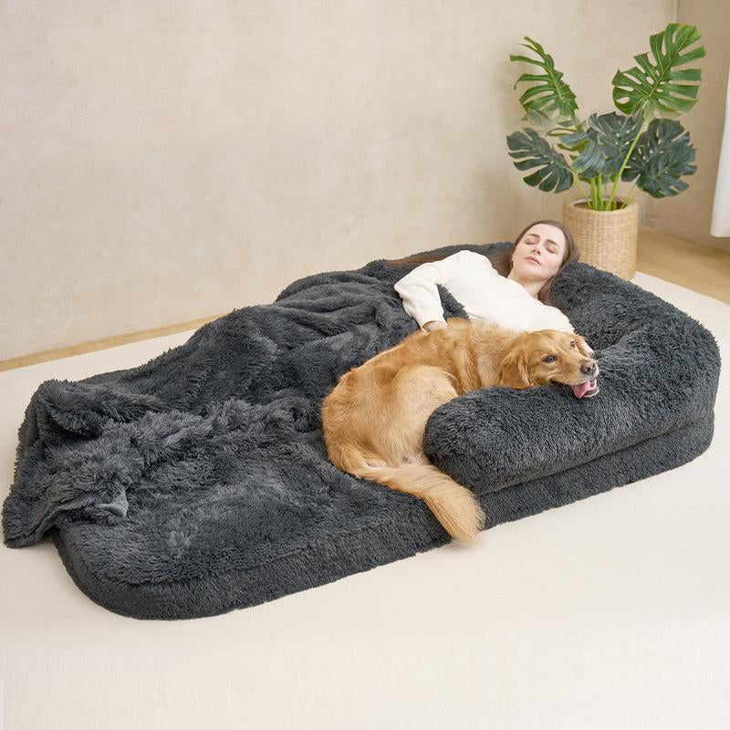 EHEYCIGA Foldable Human Dog Bed for Adult, Orthopedic Memory Foam Dog Bed for Humans, Waterproof Human Dog Bed for People, Faux Fur Human Sized Dog Bed