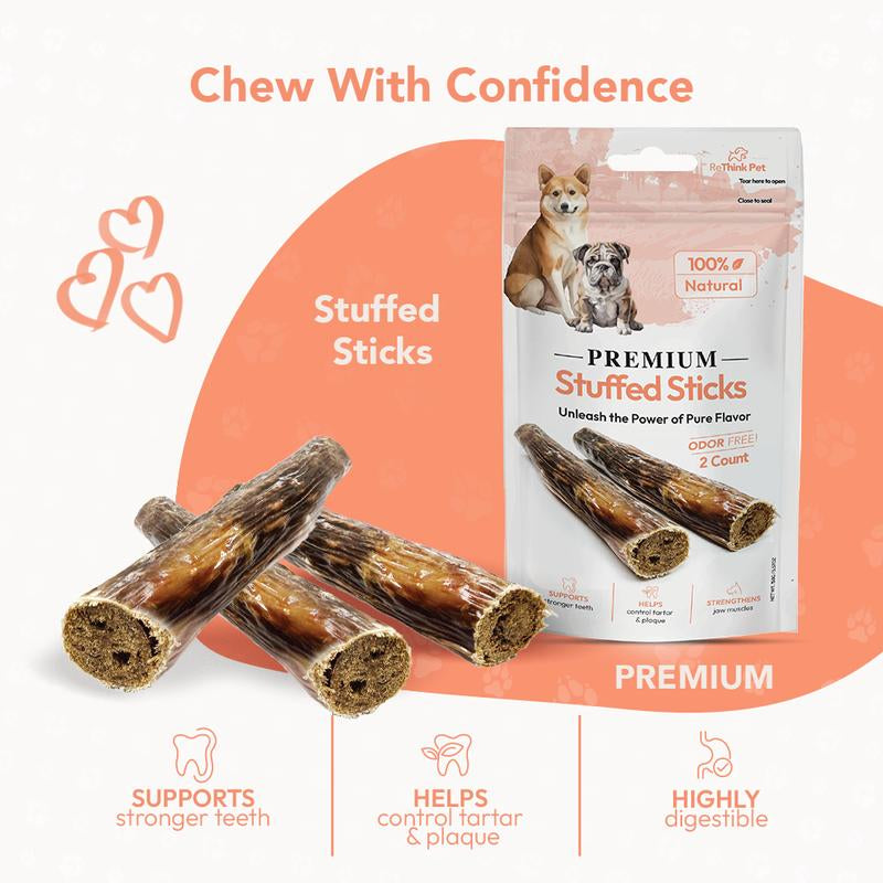Rethink Pet Premium Stuffed Beef Stick Chews - 4 Pack for Dental Health and Muscle Growth