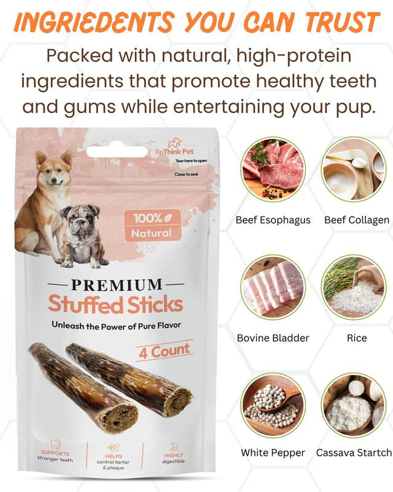 Rethink Pet Premium Stuffed Beef Stick Chews - 4 Pack for Dental Health and Muscle Growth