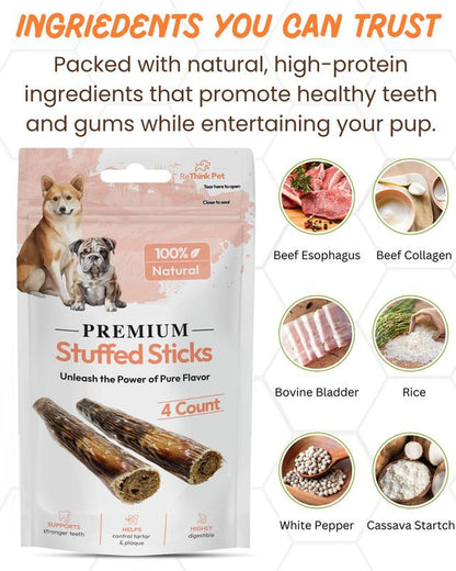 Rethink Pet Premium Stuffed Beef Stick Chews - 4 Pack for Dental Health and Muscle Growth