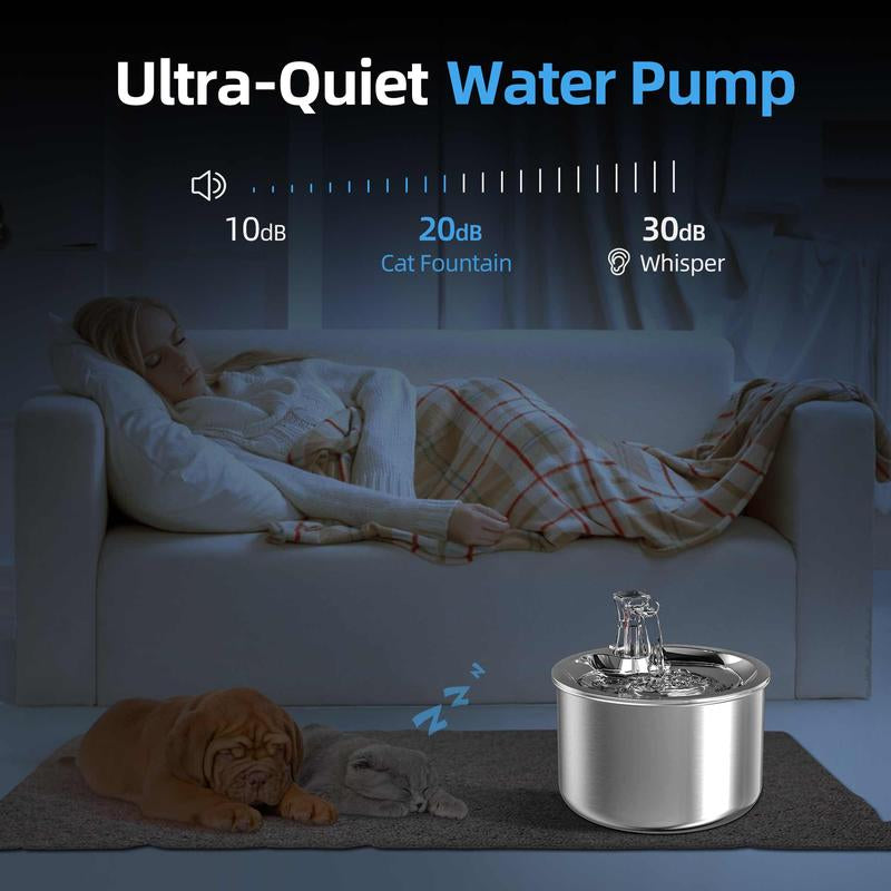 Cat Water Fountain, Stainless Steel inside Ultra-Quiet Pump, 2L/67Oz Automatic Dog Dispenser Water Bowl, Multiple Pets Water Fountain