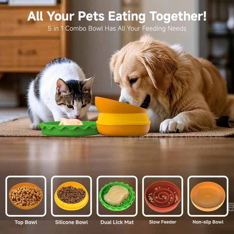 5-In-1 Pet Bowls Set - Tilted Bowl, Elevated Bowl, Slow Feeder, Lick Mat, Non-Slip Bowl for Dog & Cat, Burger Design, Healthy Material, Pet Gift