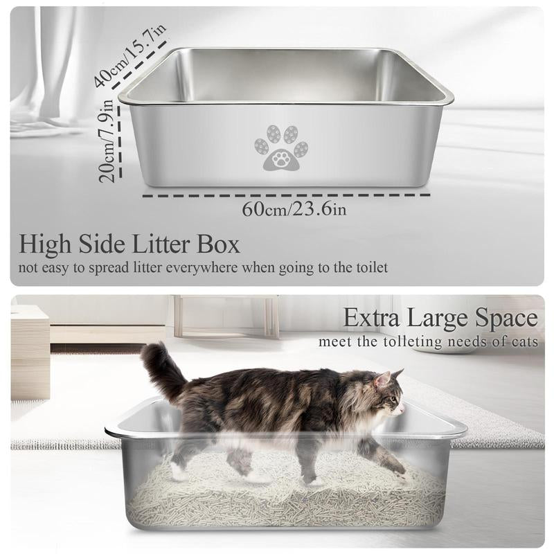 PTLOM Stainless Steel Cat Litter Box High Side, No Lid Large Space, Suitable for Big Cats, Rabbits, Splash-Proof Non-Stick Cat Pet Supplies Paws
