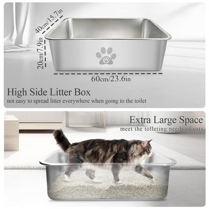 PTLOM Stainless Steel Cat Litter Box High Side, No Lid Large Space, Suitable for Big Cats, Rabbits, Splash-Proof Non-Stick Cat Pet Supplies Paws