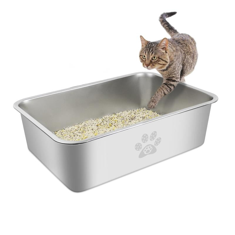 PTLOM Stainless Steel Cat Litter Box High Side, No Lid Large Space, Suitable for Big Cats, Rabbits, Splash-Proof Non-Stick Cat Pet Supplies Paws