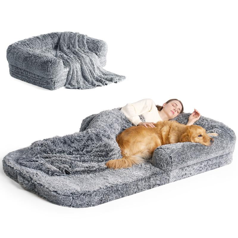 EHEYCIGA Foldable Human Dog Bed for Adult, Orthopedic Memory Foam Dog Bed for Humans, Waterproof Human Dog Bed for People, Faux Fur Human Sized Dog Bed