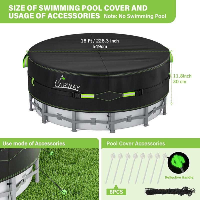 UIRWAY round Pool Cover with Reflective Strips, Swimming Pool Cover for above Ground Pools, Solar Cover Including Rope Tie and Luminous Ground Nails, PU Tarp Snug Fit for UV Protected