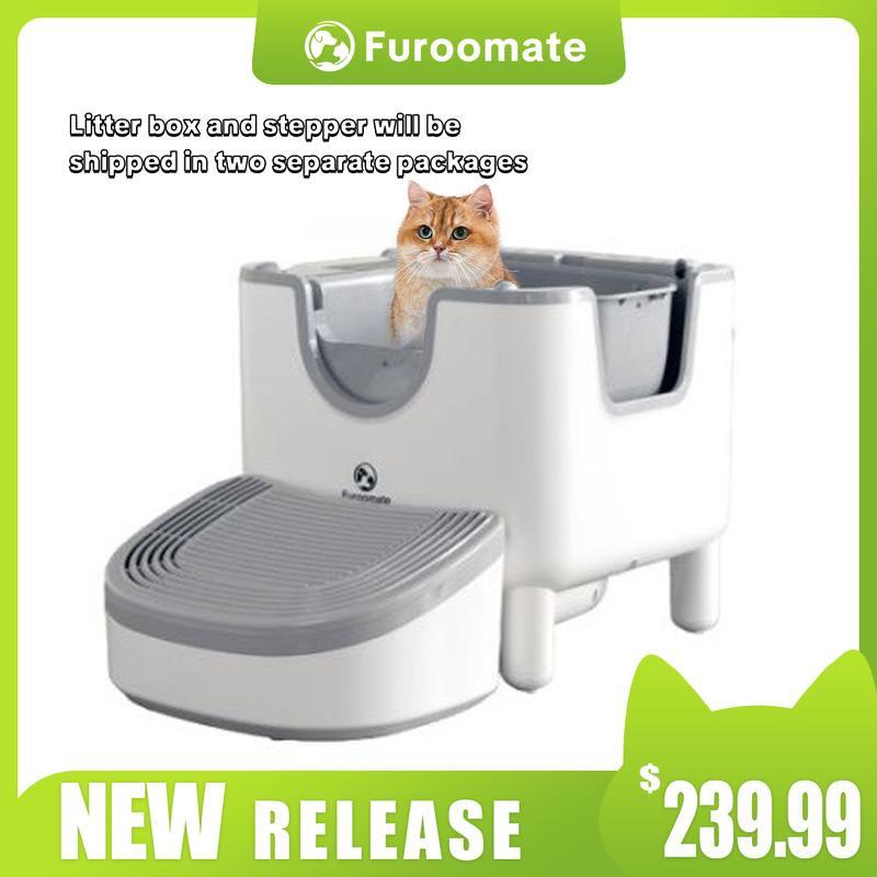 Furoomate Open-Top Self-Cleaning Cat Litter Box , PCT010-STEP--2 Packages (1 Box,1 Stepper),Odor-Free, Quiet Operation, Easy to Install & Maintain, Low Maintenance, Saves Time & Effort, Fast Cat Adaptation,Includes Trash Bags