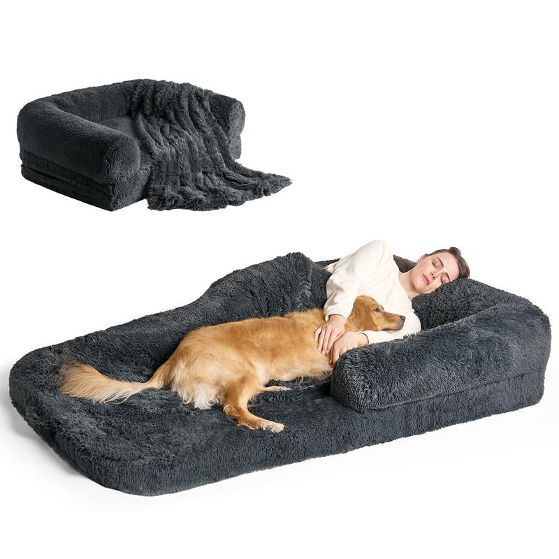 EHEYCIGA Foldable Human Dog Bed for Adult, Orthopedic Memory Foam Dog Bed for Humans, Waterproof Human Dog Bed for People, Faux Fur Human Sized Dog Bed