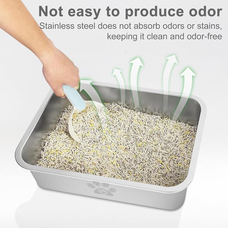 PTLOM Stainless Steel Cat Litter Box High Side, No Lid Large Space, Suitable for Big Cats, Rabbits, Splash-Proof Non-Stick Cat Pet Supplies Paws