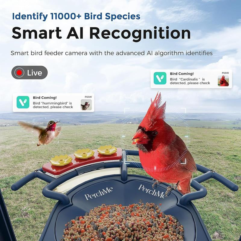 Perchme Bird Feeder with Camera Solar Powered,1080P Bird House Camera with AI Identify, Smart Bird Feeder Camera for Outdoors, Ideal Gift with Nectar Auto Capture