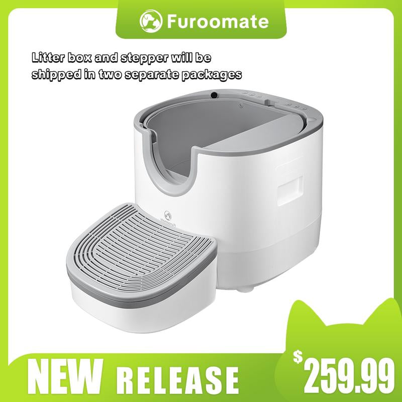 Furoomate Open-Top Self-Cleaning Cat Litter Box , PCT010-STEP--2 Packages (1 Box,1 Stepper),Odor-Free, Quiet Operation, Easy to Install & Maintain, Low Maintenance, Saves Time & Effort, Fast Cat Adaptation,Includes Trash Bags